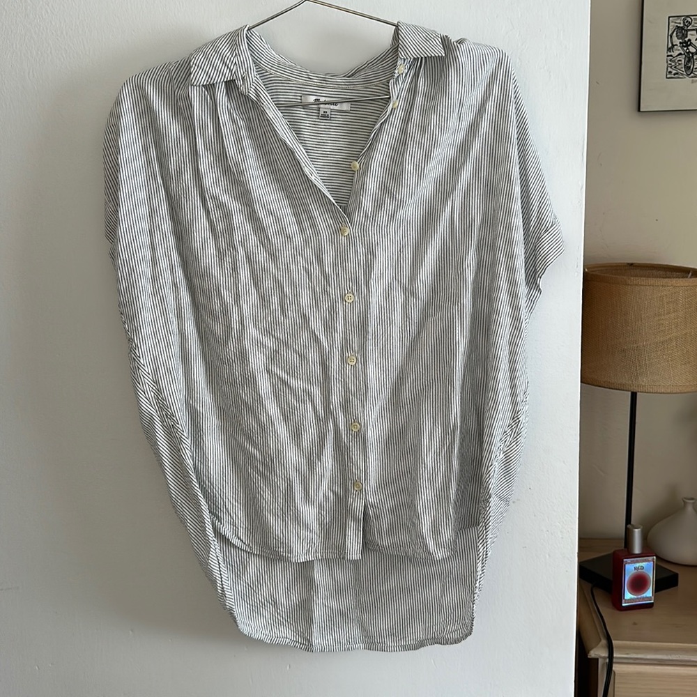 White/dark blue striped Madewell blouse